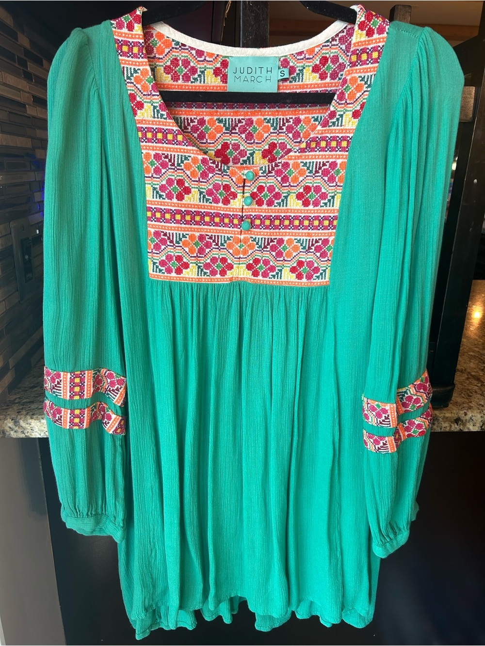 Judith March Teal Embroidered Peasant Tunic size S